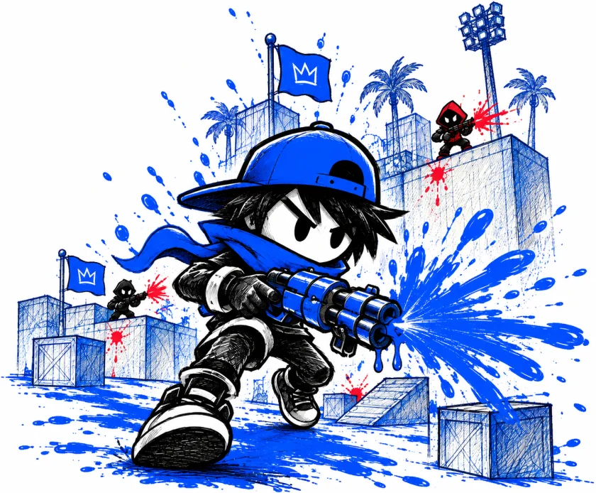 Scribble mid-stride, firing a spray of blue ink